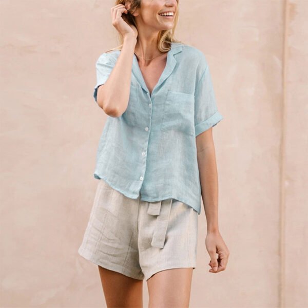 Women's Linen Shirt with Short Sleeves and Lapel Collar