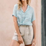 Women's Linen Shirt with Short Sleeves and Lapel Collar