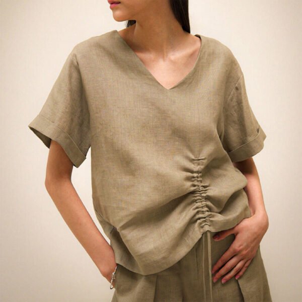 Women's Linen V-Neck Drawstring T-Shirt
