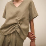 Women's Linen V-Neck Drawstring T-Shirt