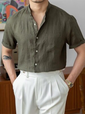 Men's Linen Mandarin Collar Short-Sleeve Shirt