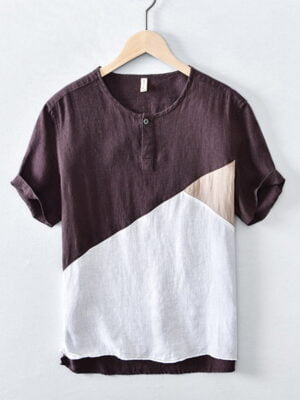 Men's Color Block Linen Short Sleeve T-Shirt