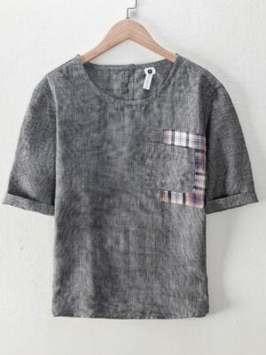 Men's Linen Checkered Short Sleeve Shirt with Round Neck